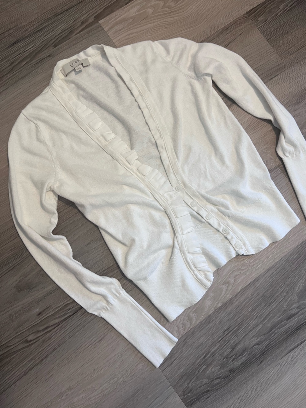LOFT Ivory Knit Cardigan with Ruffle Detail